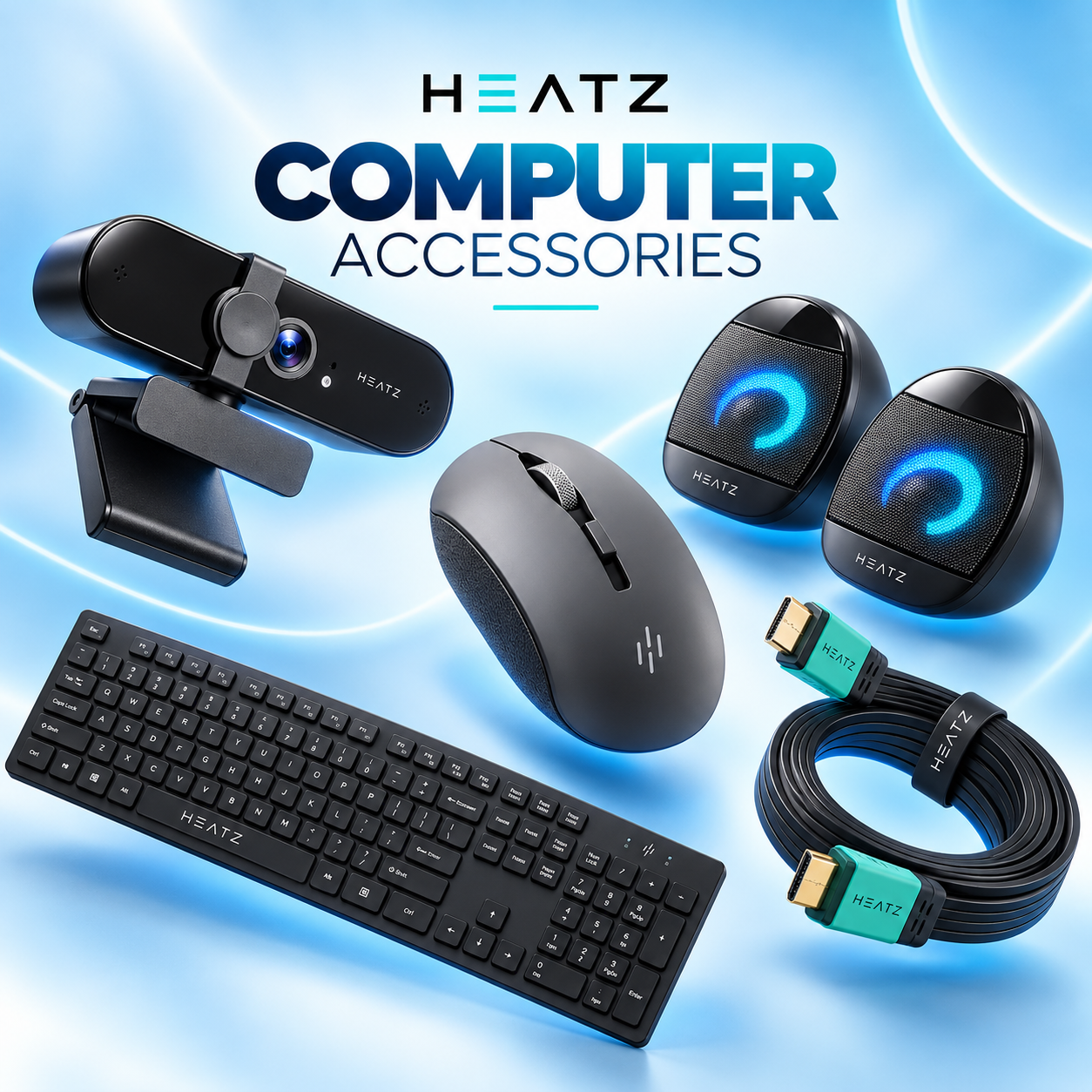 HEATZ webcam, mouse, speakers, keyboard and HDMI cable