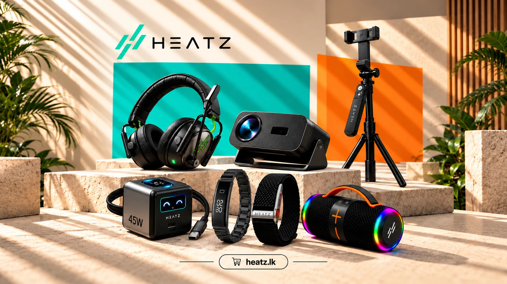 HEATZ smart tech showcase — gaming headset, GaN charger, fitness bands, projector, speaker and tripod in a sunlit studio — heatz.lk